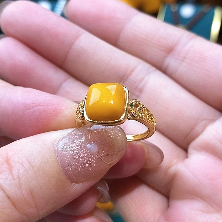 蜜蜡戒指银S925镀金镶嵌