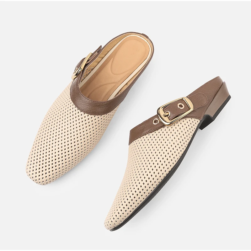 2.5cm/羊皮/粗跟皮拖鞋女真皮25年新款镂空法式方头软底凉拖女40