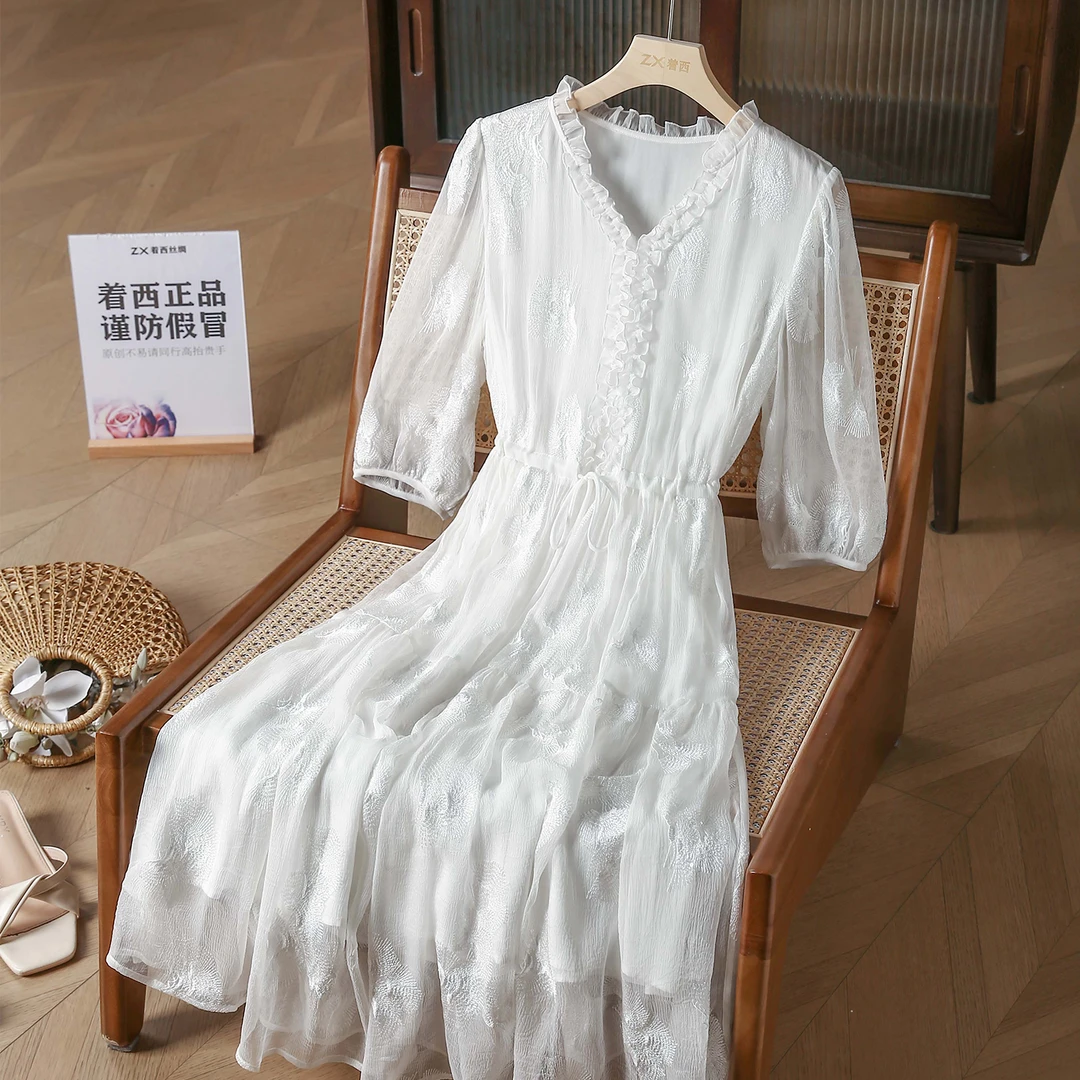 ZHUOXI/着西`萱~冰雪女王~桑蚕丝刺绣短袖连衣裙白色夏季2Q252