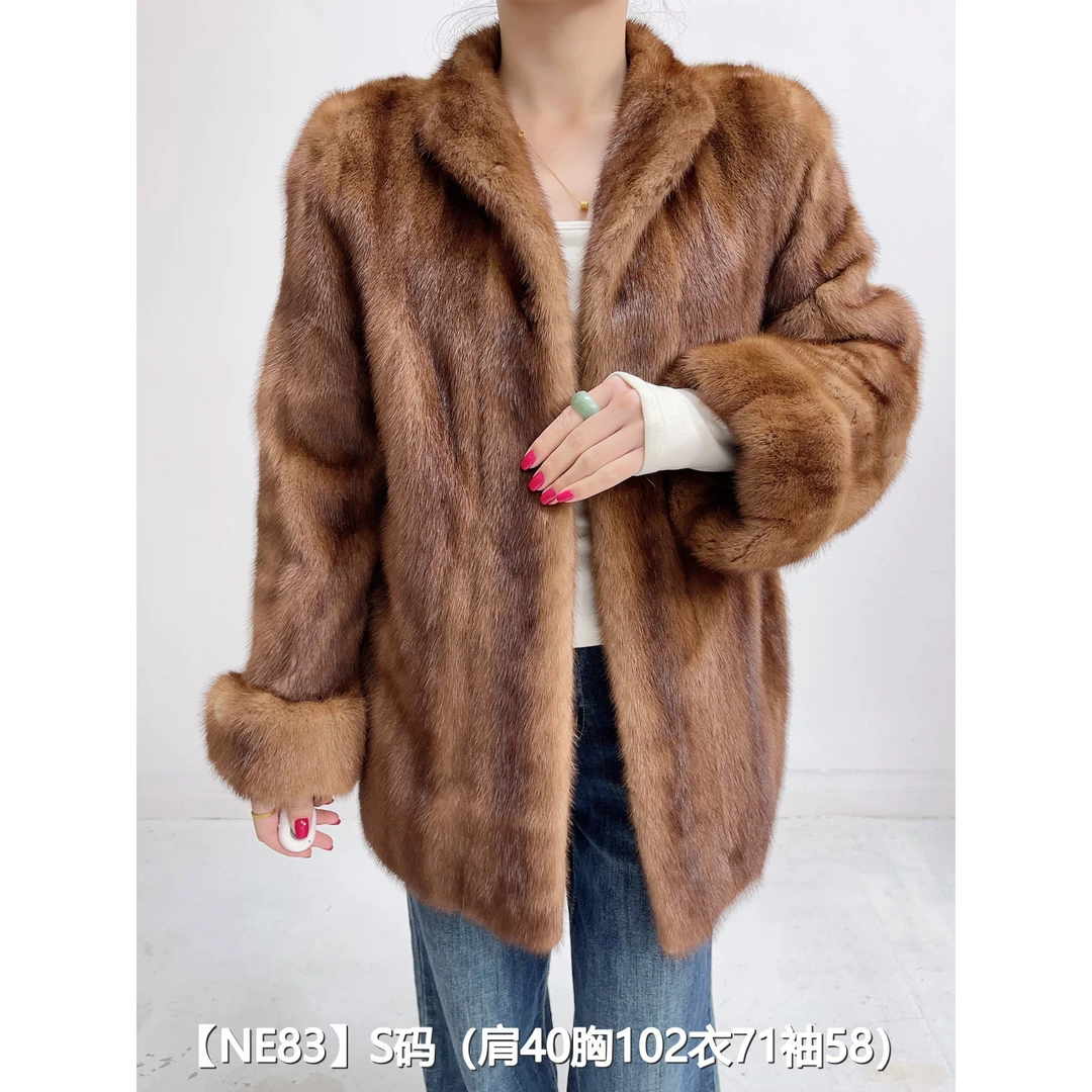 【NE83】S 蜜茶棕短款全抽貂皮大衣外套女 立领挽袖 05083