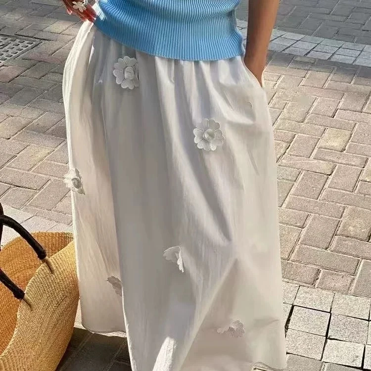 ZHANG.Z.Z【伊莎贝尔】法式白色立体花朵半身裙百搭休闲夏季显瘦