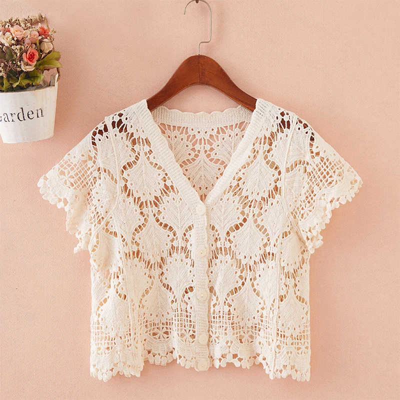 吊带裙配开衫女薄款夏季钩花镂空披肩女外搭宽松上衣针织短袖外套
