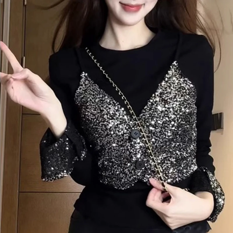 气质假两件拼接亮片设计感长袖T恤女2024冬季保暖显瘦打底衫上衣