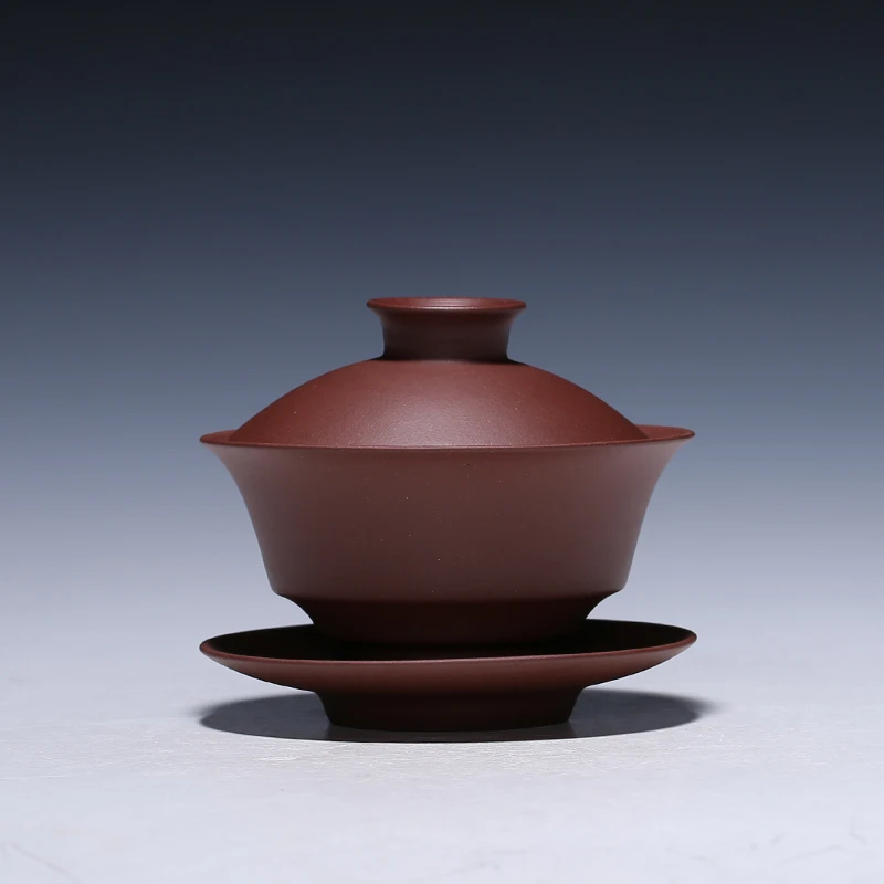 宜兴紫砂三才碗紫泥茶字盖碗