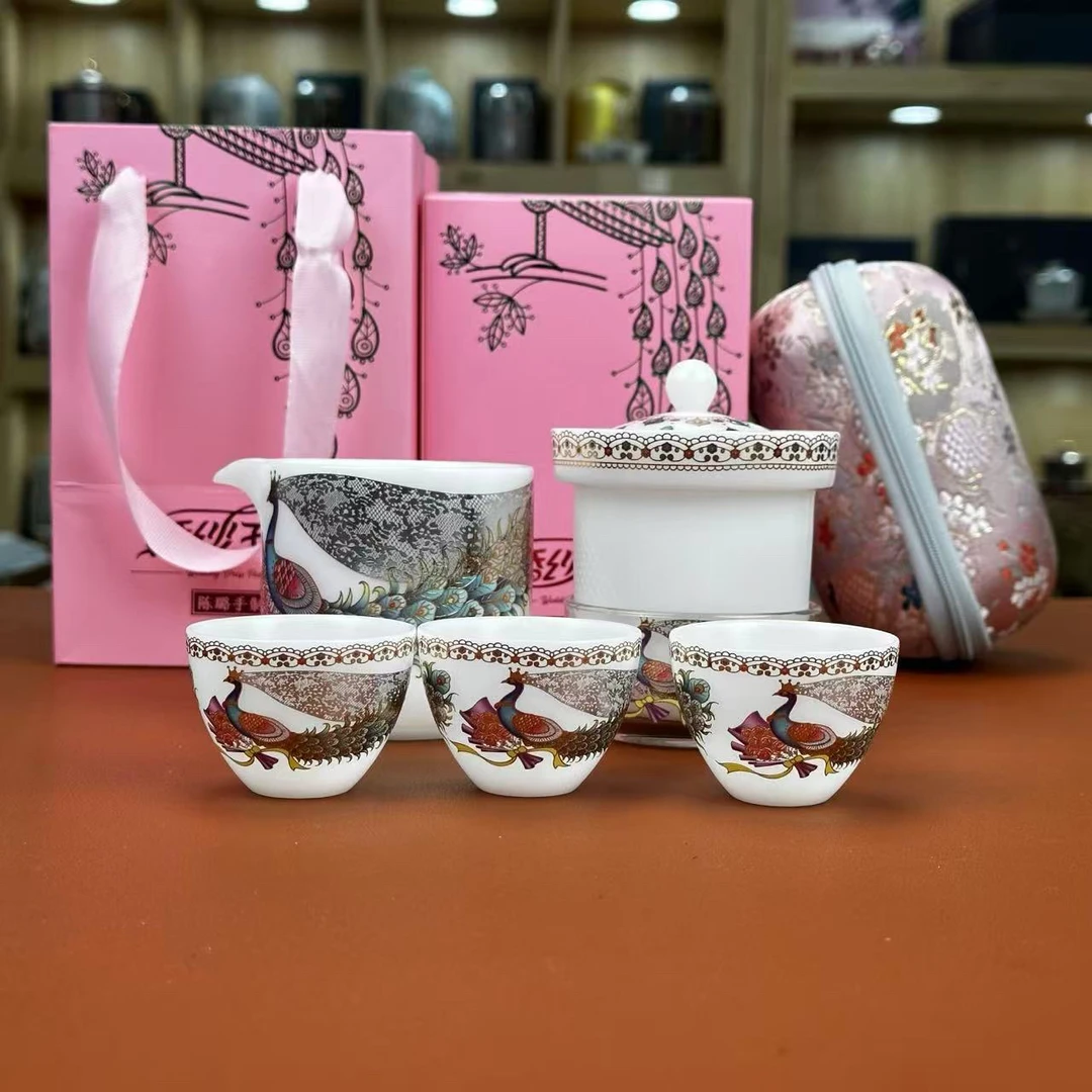 冰种羊脂玉【婚纱孔雀】一壶3杯加厚防烫（礼盒装）C1112