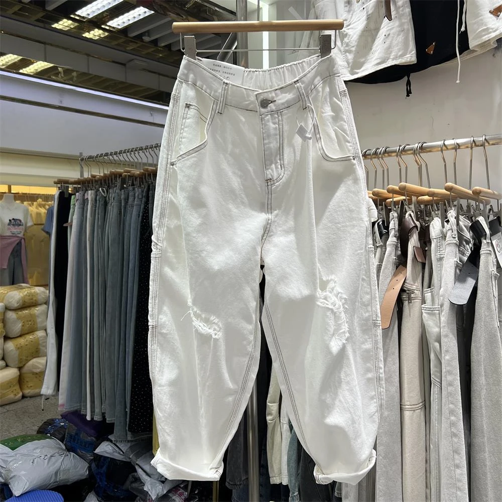 FAVMARTHA白色破洞哈伦牛仔裤女2025年春夏新款九分阔腿裤宽松显