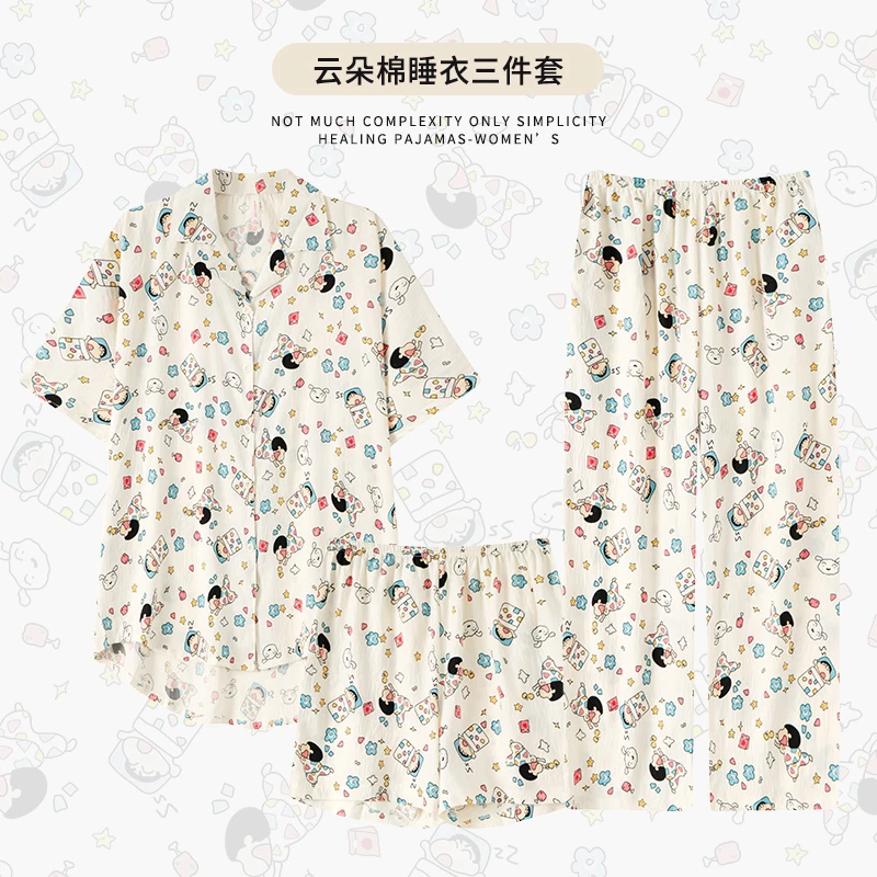 夏季肥家居服宽松云朵棉睡衣女生长裤翻领短袖短裤三件套卡通套装