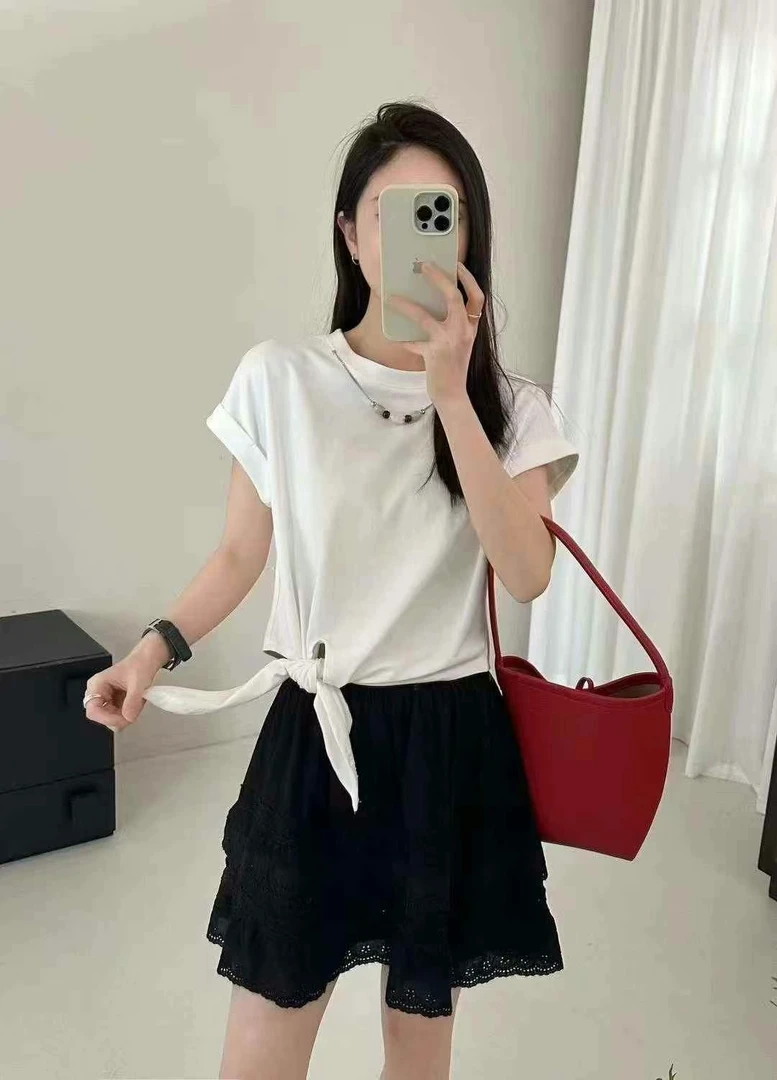 夏季圆领透气短袖短款绑带宽松设计感纯色高腰T恤