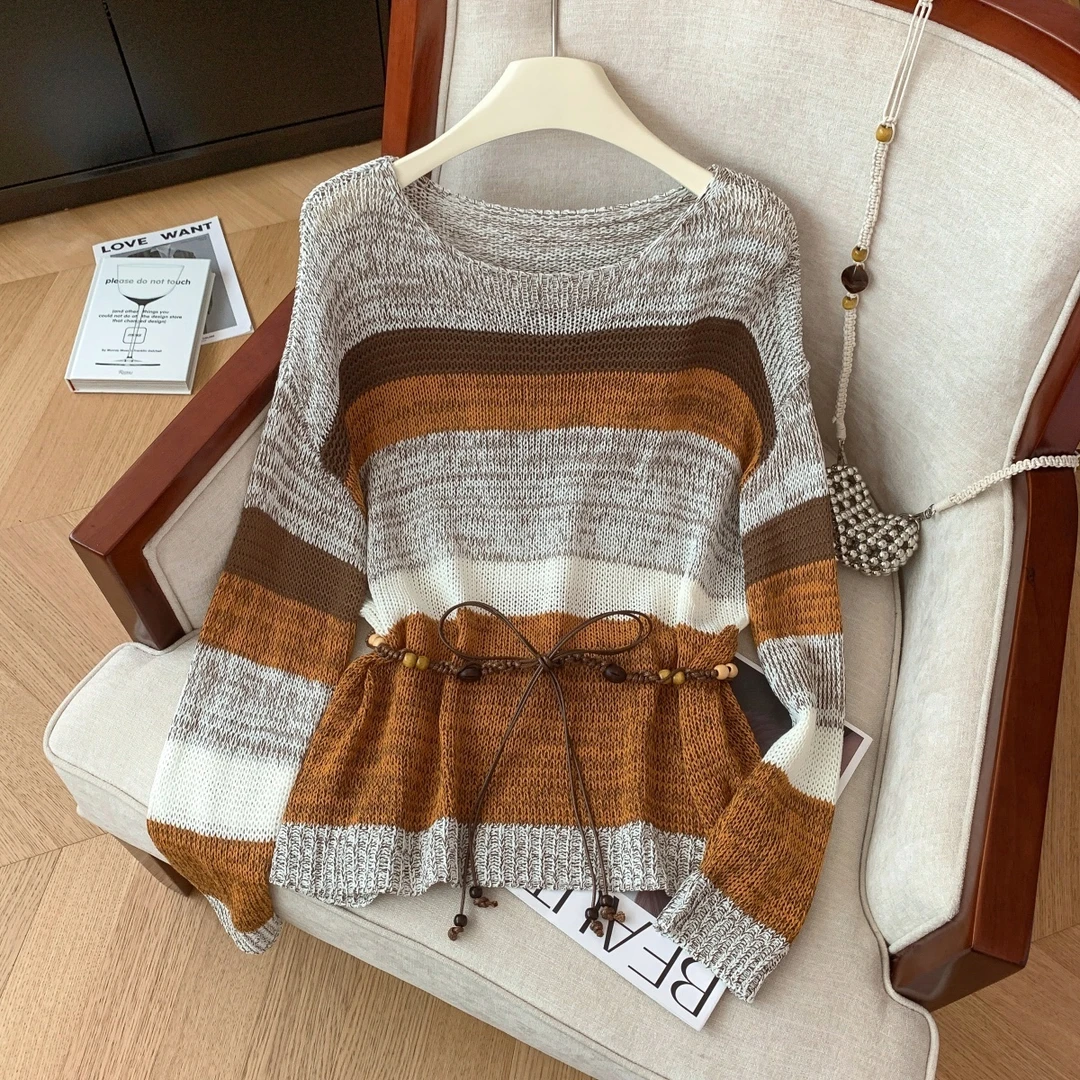 自留款推荐~条纹镂空长袖针织衫女秋季新款慵懒风配腰带休闲上衣