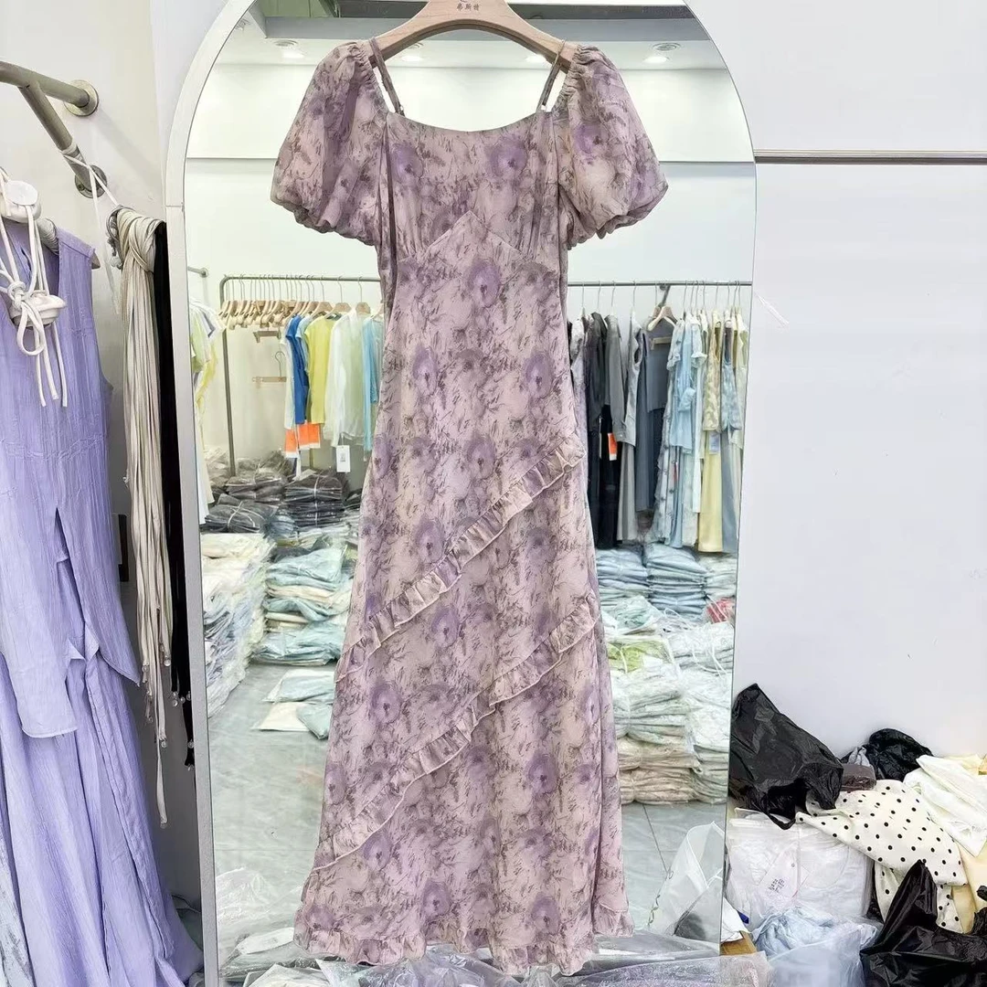 25111碎花一字肩吊带雪纺连衣裙仙女裙