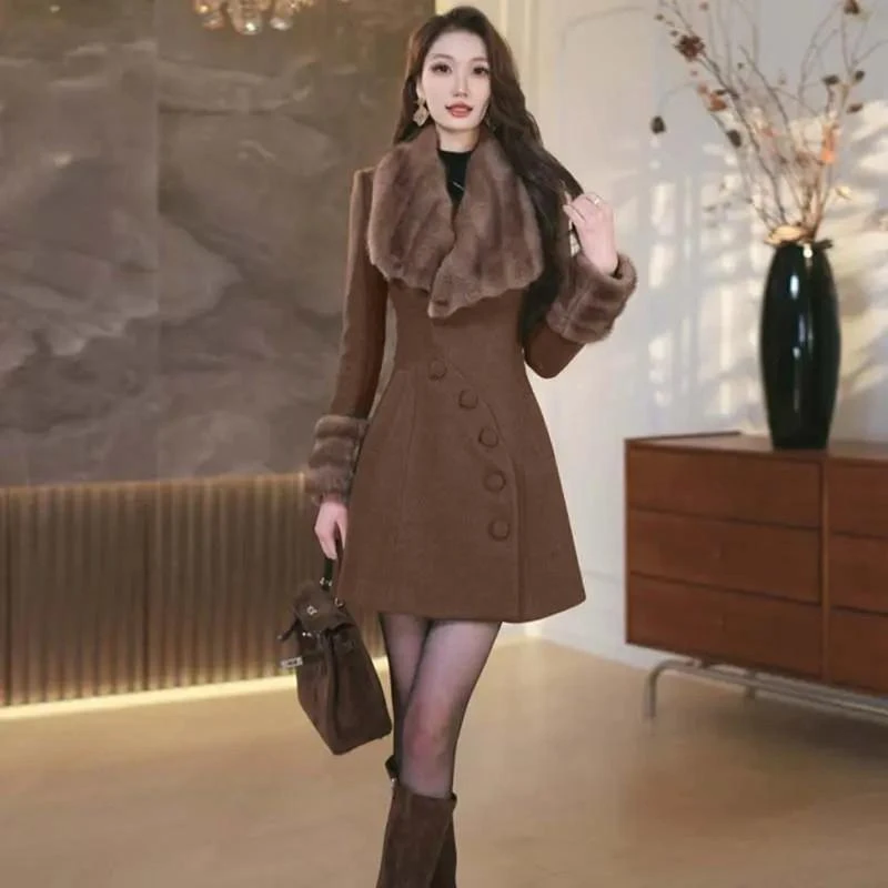 中长款秋冬短款毛领毛呢外套时尚洋气收腰长袖修身