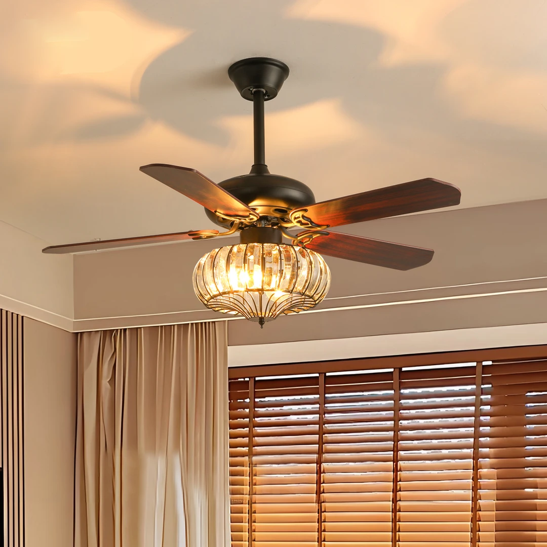 风扇吊灯餐厅复古风扇灯木叶家用客厅风扇一体吊灯智能静音风扇灯