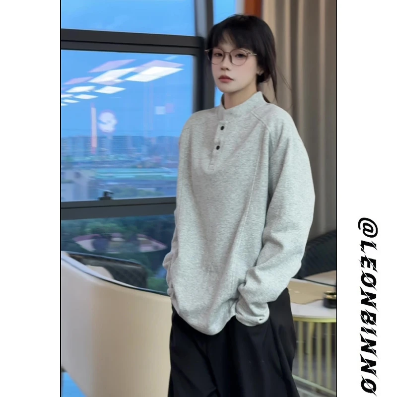 【现货现发】亨利领正肩卫衣男秋冬季加绒加厚解构拼接长袖打底衫