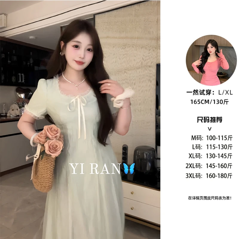 【现货】复古夏季新款韩版纯色蕾丝中长款连衣裙女收腰显瘦裙子9397