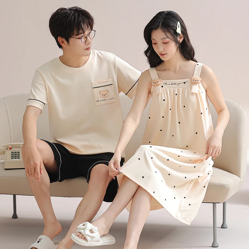 吊带情侣睡裙女夏季纯棉薄款宽松甜美男睡衣韩版卡通夏天家居服