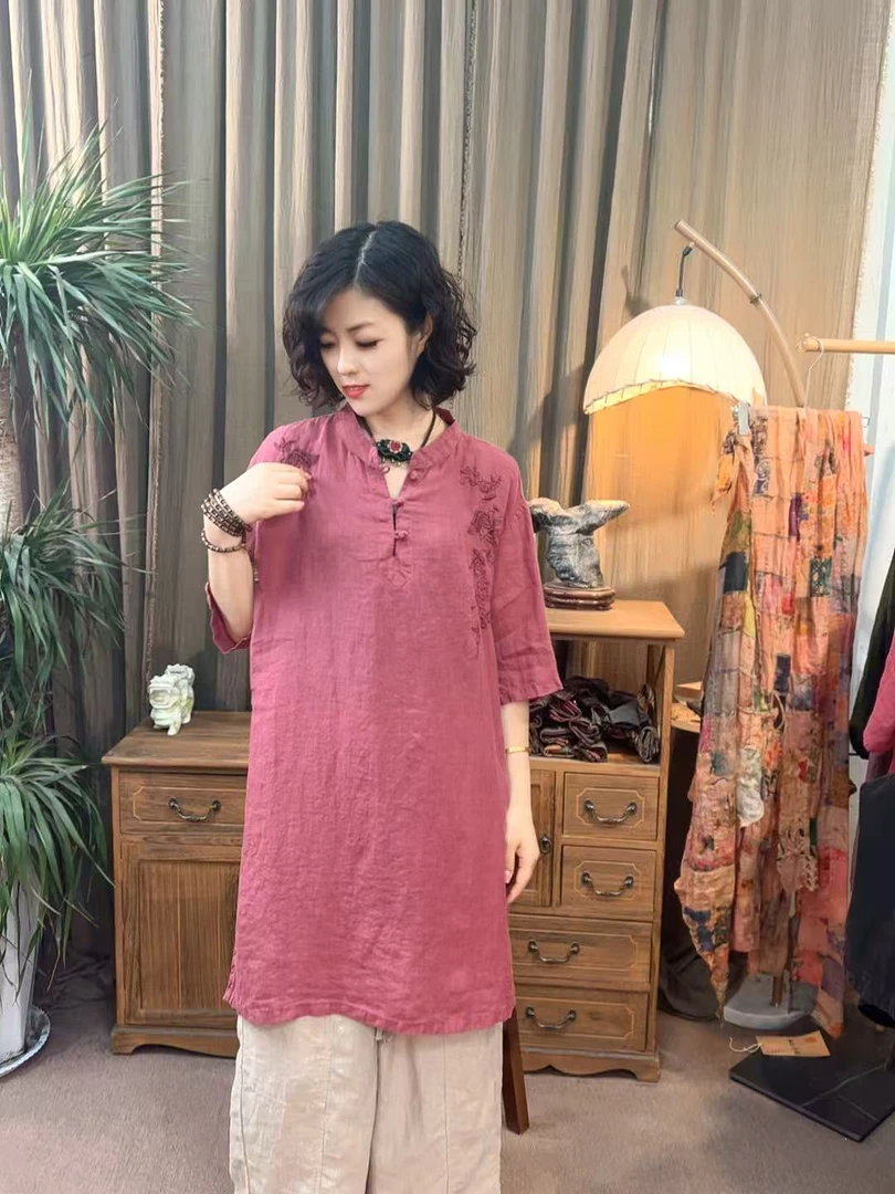 那年 新款高级刺绣纯亚麻立领旗袍（衣长86胸围135）夏季新中式
