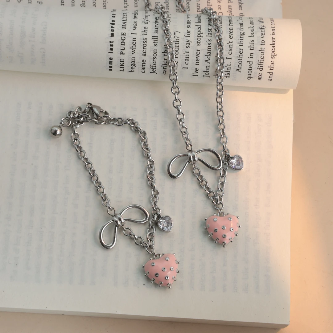 铜合金锆石项链 1117韩版定制粉色爱心蝴蝶结项链