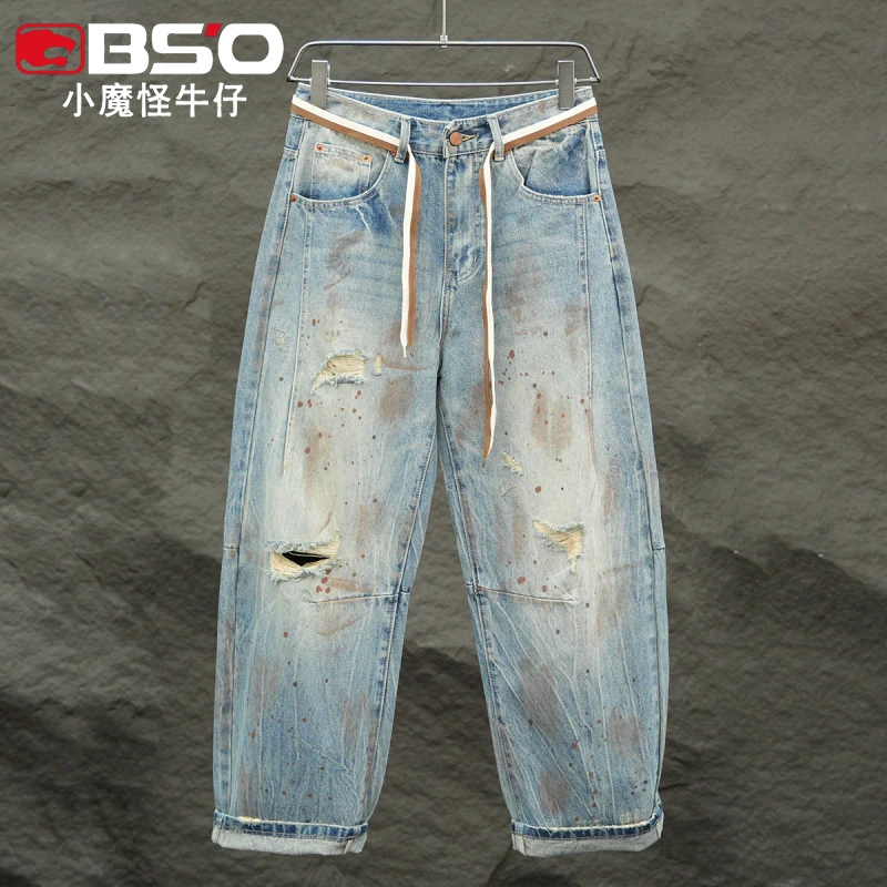 小魔怪秋季新款美式复古破洞弯刀裤牛仔裤男高街潮牌宽松直筒长裤
