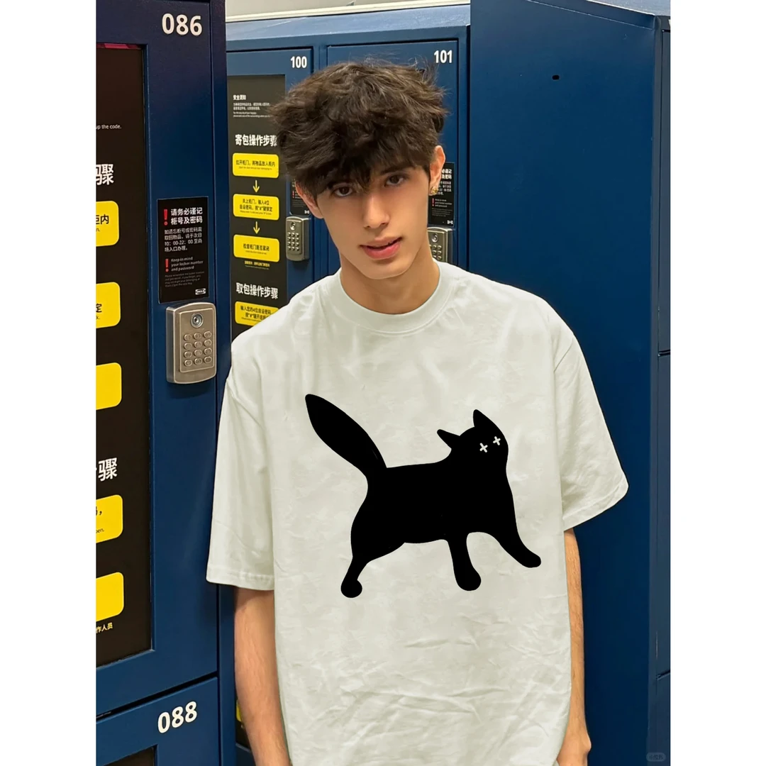 100%纯棉美式趣味黑猫字母印花短袖T恤男女夏季百搭休闲情侣上衣