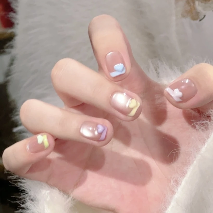 【日有所思】野世穿戴甲  马卡龙色立体爱心玻璃珠猫眼 夏日美甲