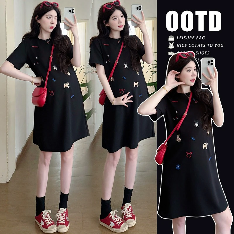 孕妇夏季套装2025新款孕妇连衣裙刺绣孕妈高级感穿搭时尚洋气时髦