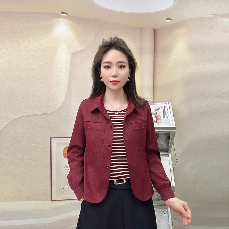 2025秋季长袖气质翻领假两件拼接条纹衬衫休闲时尚春秋短外套上衣