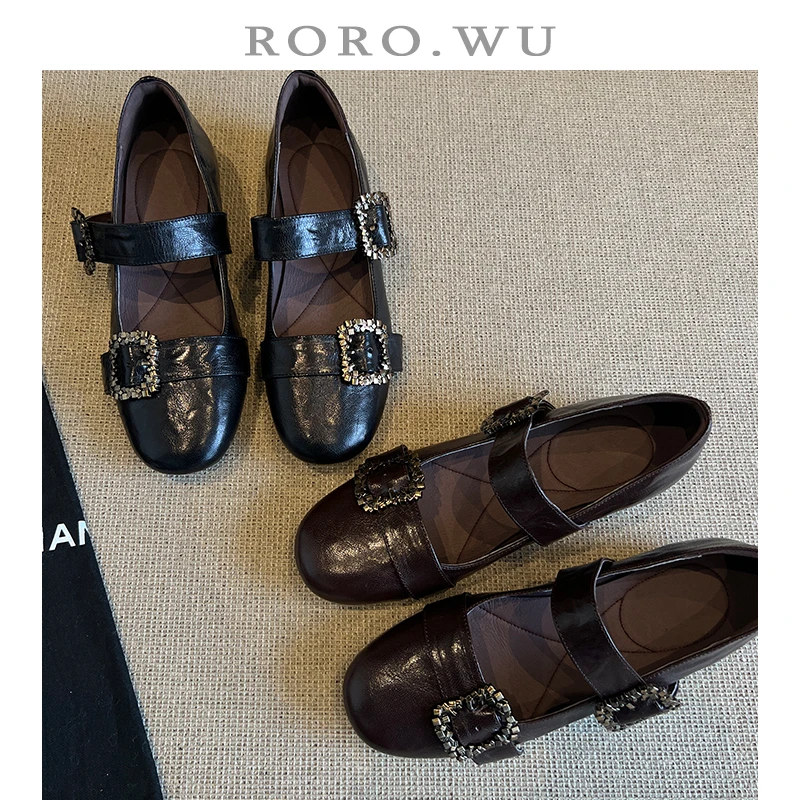 娆娆吴·羊皮法式做旧一字扣玛丽珍金属扣酷雅浅口单鞋M114