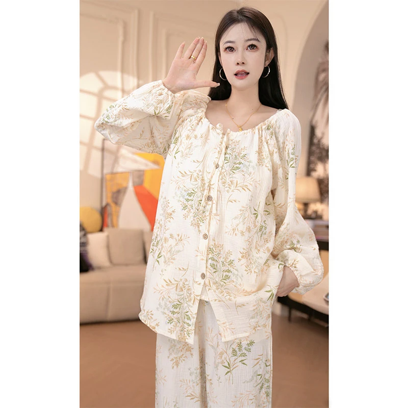 睡衣三件套女春秋纯棉双层纱布宽松2025新款薄夏季长袖吊带家居服
