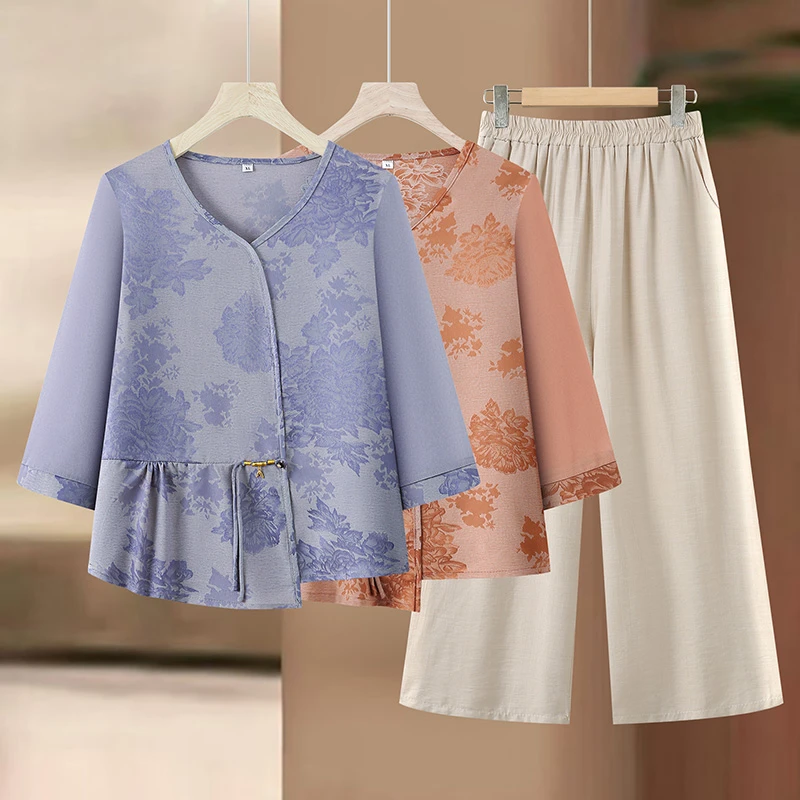 中年妈妈夏装国风衣服短袖小衫2025新款洋气中老年宽松新中式套装