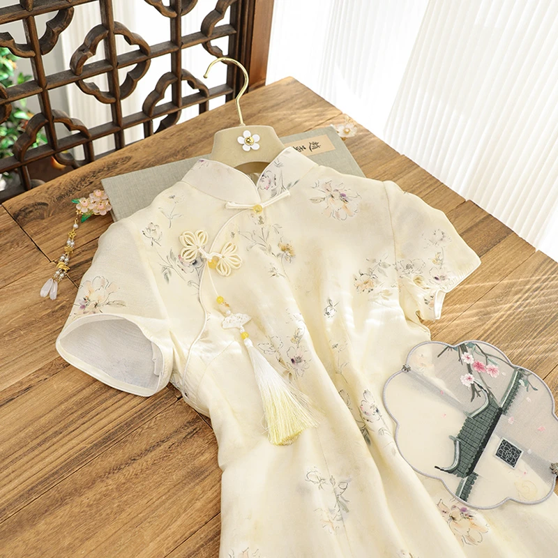 俏娘鱼2025年春季新款黄色淑女范短袖碎花旗袍气质优雅改良新中式