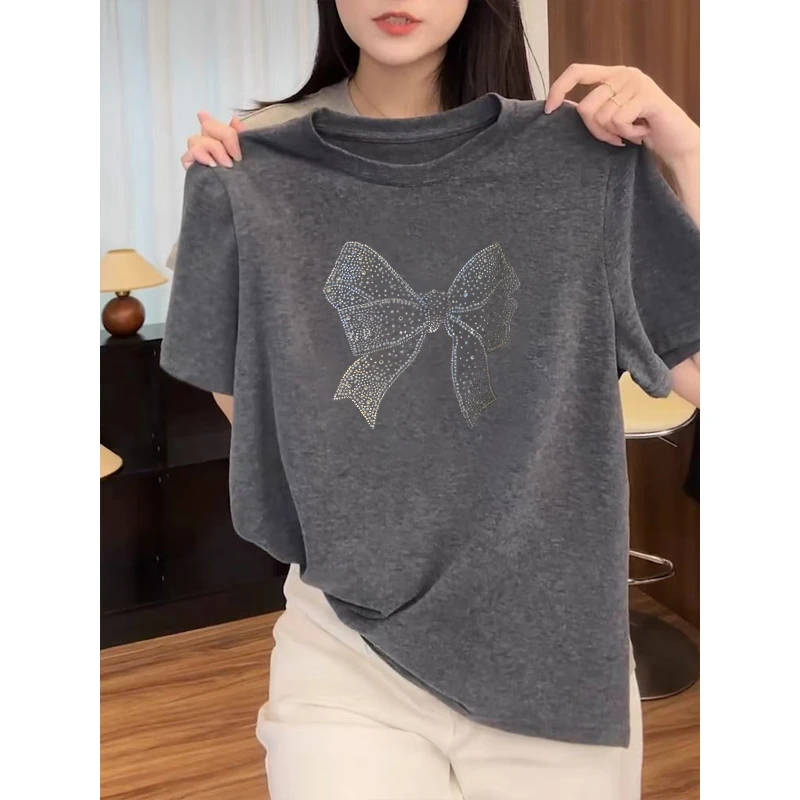 夏季薄款2025年新款正肩短袖t恤女百搭减龄洋气灰色上衣打底衫潮