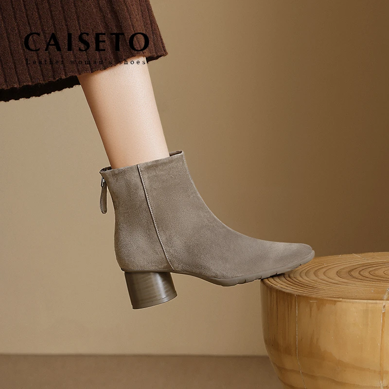 头层羊皮4.5cm新款粗跟方头显瘦真皮素面百搭女短靴短筒靴5X235