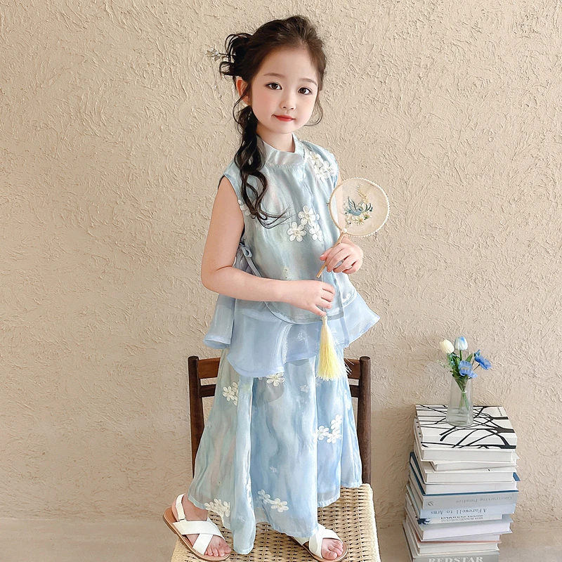 女童夏季新中式套装2025儿童无袖汉服阔腿裤女宝宝古装轻薄两件套