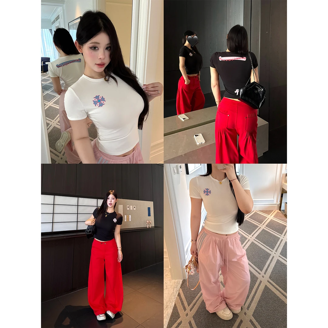 黑泽玄七《贵牌T》夏秋显瘦高质百搭晾感棉透气十字花纹印花T恤上衣