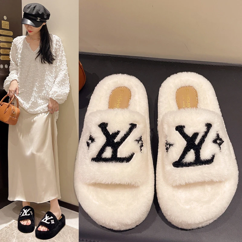 网红刺绣款毛毛拖鞋女外穿2025年秋冬季新款韩版保暖防滑棉拖鞋女