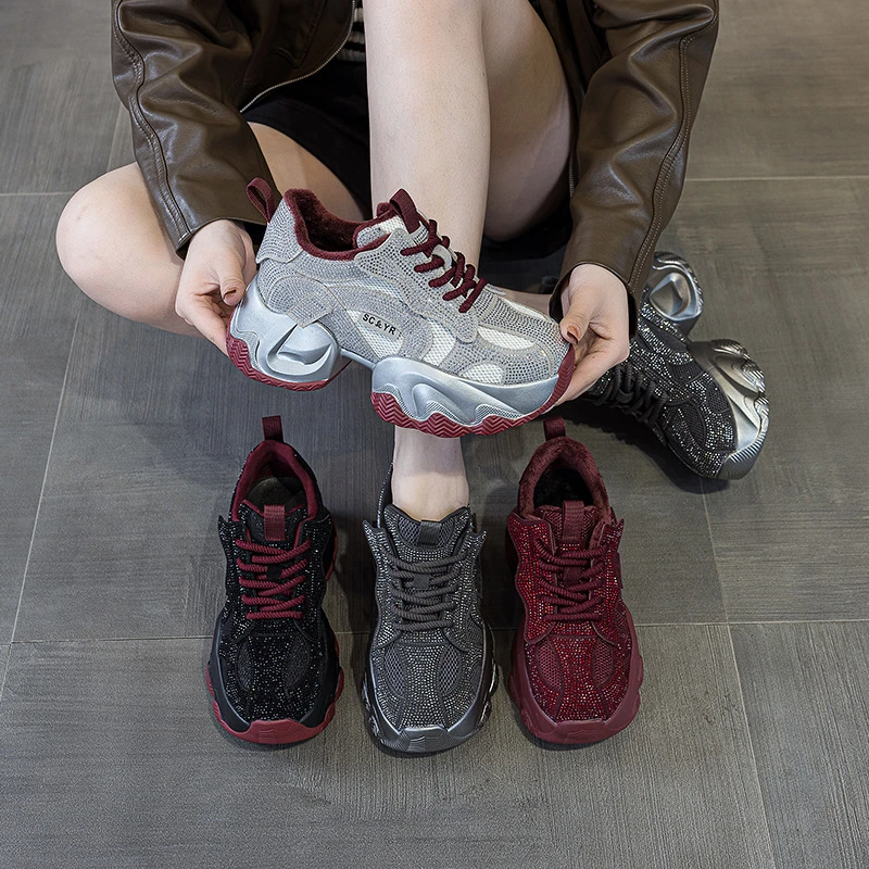 满天星水钻老爹鞋女2025新厚底内增高休闲秋冬百搭气质老爹鞋女鞋