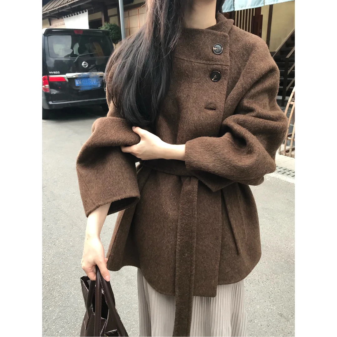 棕色短款小个子毛呢外套秋冬季高级感洋气双面绒呢子大衣港风收腰