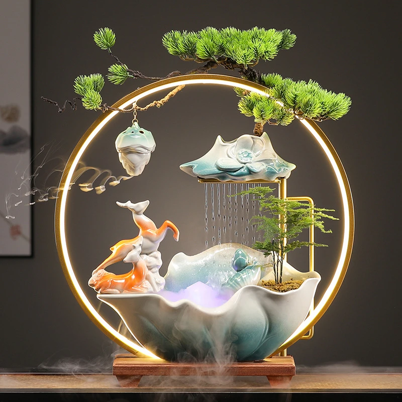 国潮中式循环陶瓷流水器喷泉招财客厅办公室桌面家居摆件开业礼品