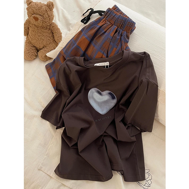 韩系慵懒风宽松居家服T恤睡衣套装女夏季短袖格纹长裤休闲两件套