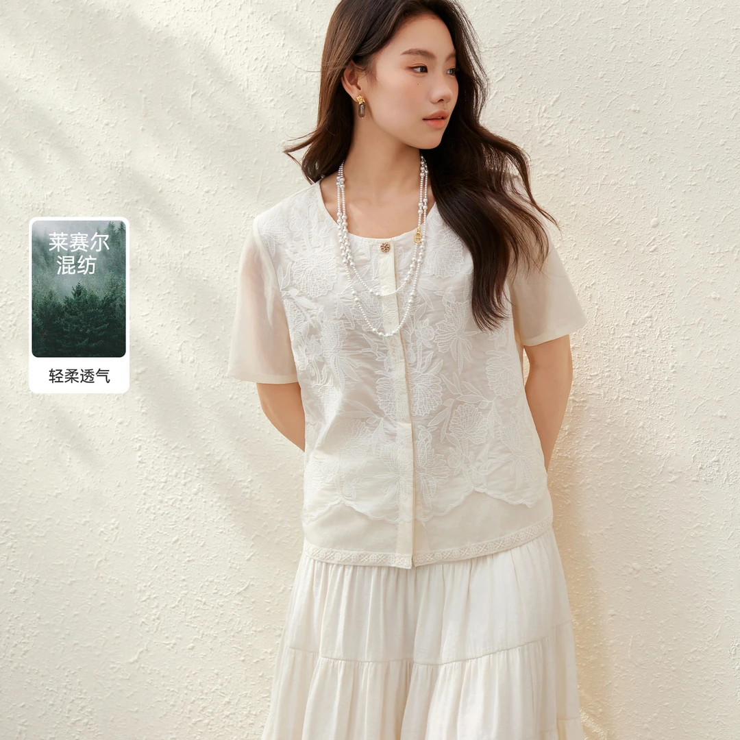 【莱赛尔洋气绣花外套】纤莉秀E大码女装优雅圆领质感外套QK1410