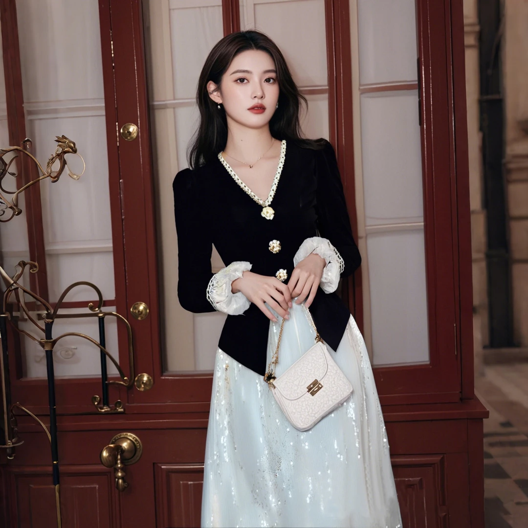 A有里布2025新款大裙摆拼接时尚收腰高档气质时尚连衣裙D0310