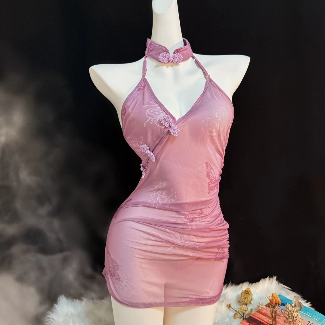 纯欲紫色旗袍睡衣女古风蝶恋花绑带蕾丝显瘦女士夏季时尚性感复古