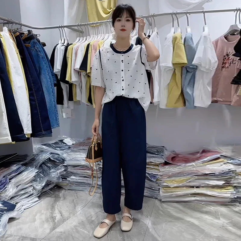 时尚套装女2025夏季新款撞色圆领短袖衬衫九分直筒裤休闲两件套潮