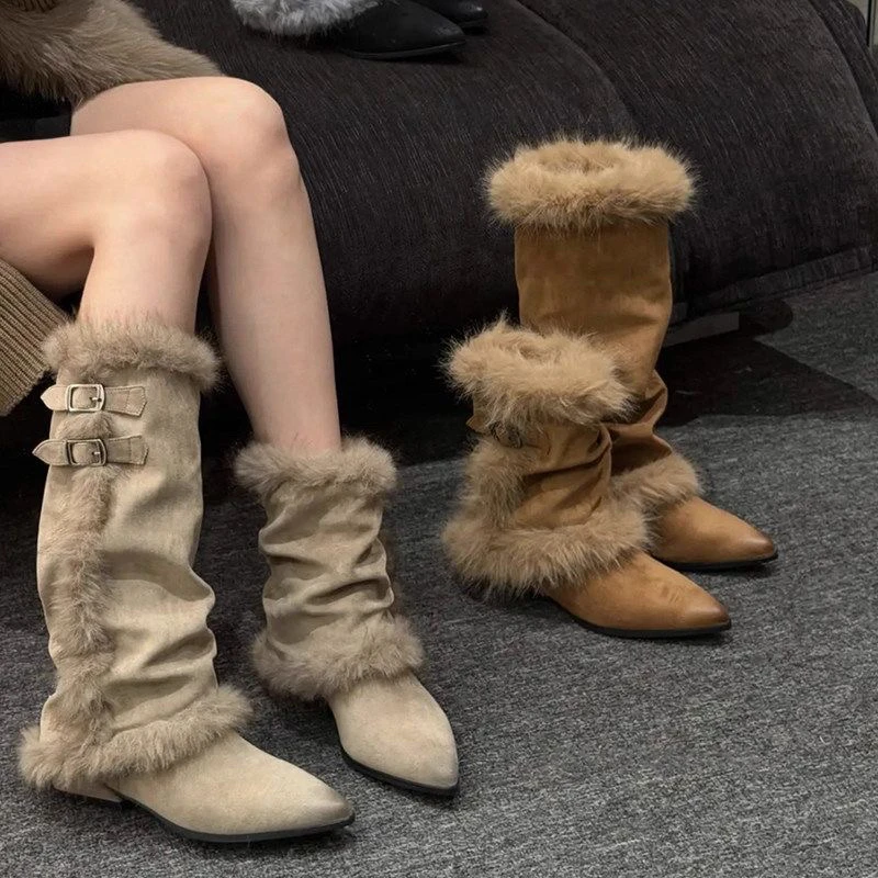 秋冬新款磨砂皮尖头低跟毛绒温柔复古加绒加厚保暖女靴