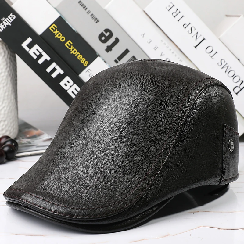 真皮帽子秋冬季中年男士韩版潮羊皮贝雷帽反绒格子印花时尚鸭舌帽