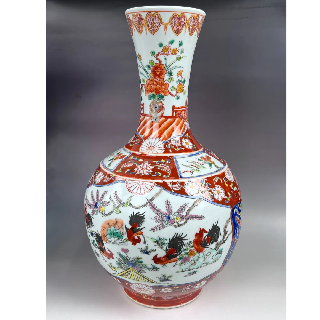 H0824五彩大公鸡长颈瓶现代复刻仿古瓷