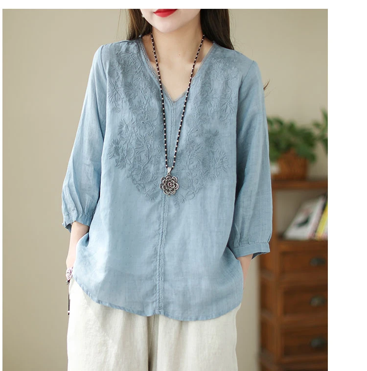 9208#复古风七分袖女士夏季薄款新款高档宽松小衫刺绣上衣