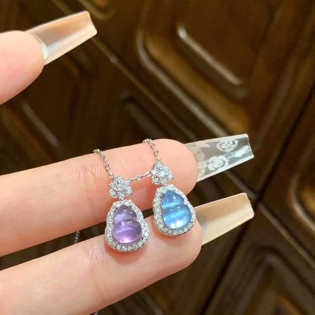 坠链均925银 九紫离火新中式天然海蓝紫水晶葫芦吊坠女转运项链