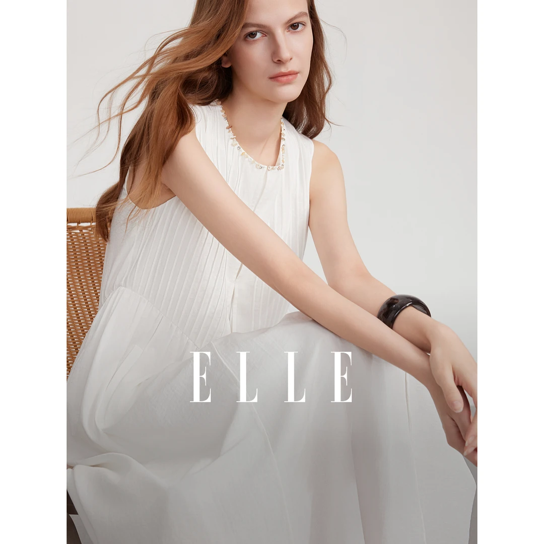 ELLE度假风白色连衣裙女2025夏日穿搭设计感无袖背心裙子EL52528
