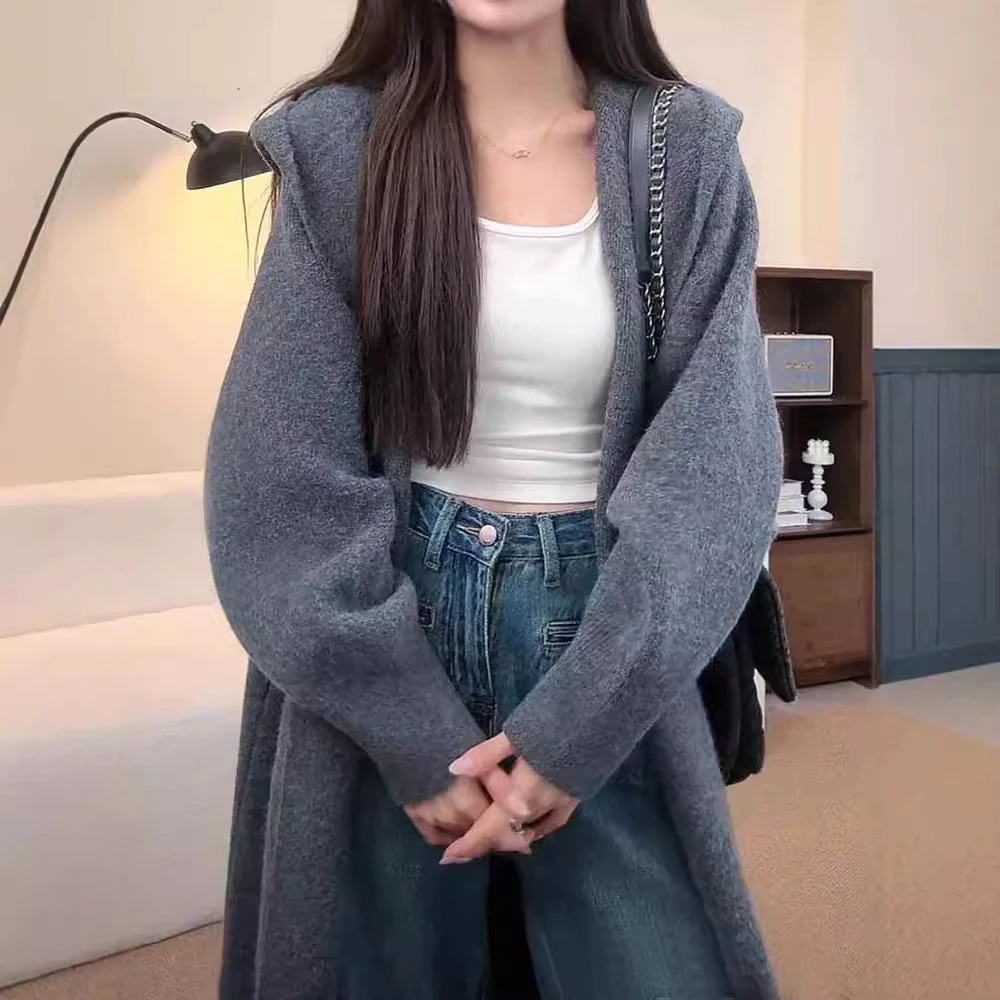 慵懒连帽长款针织开衫女秋季新款女装过膝毛衣长外套女